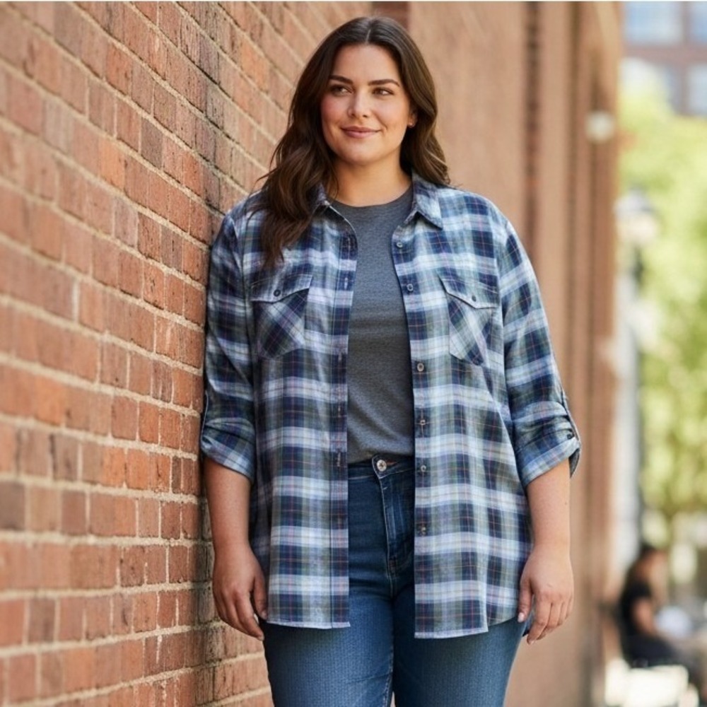 Eddie Bauer Womens 2XL‎ Blue Plaid Roll Tab Long Sleeve Hiking Shirt 5956